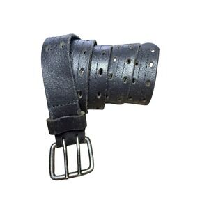 Men's Black Leather Double Hole Belt 44/110 Silver Buckle Punk Biker Style